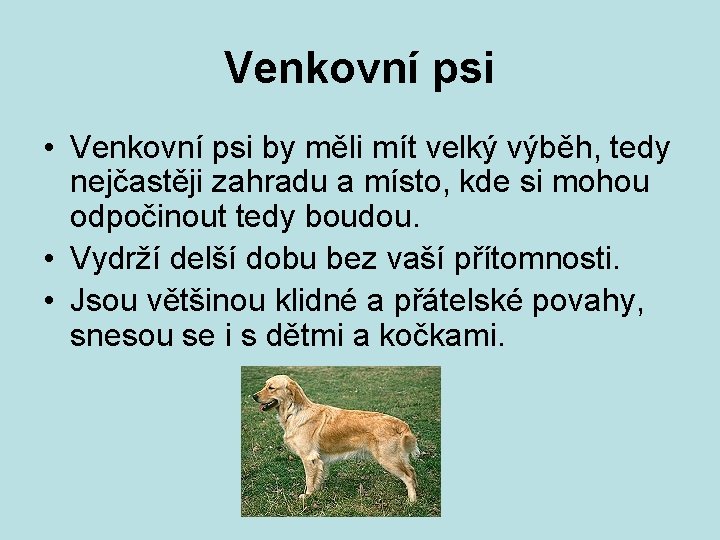 Venkovní psi • Venkovní psi by měli mít velký výběh, tedy nejčastěji zahradu a