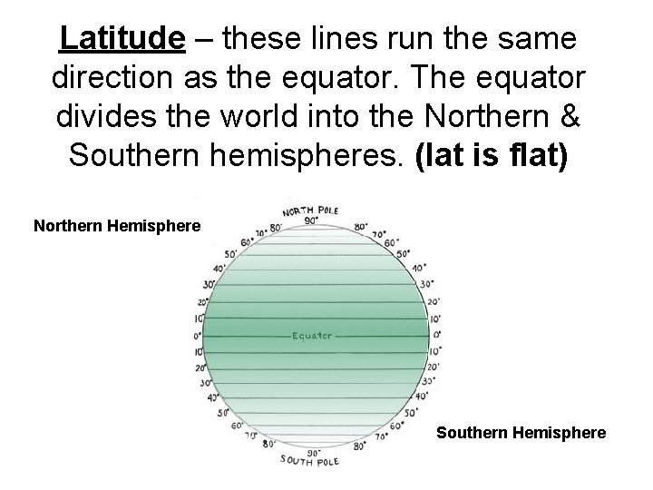 Latitude – these lines run the same direction as the equator. The equator divides