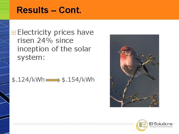 Results – Cont. Electricity prices have risen 24% sinception of the solar system: $.