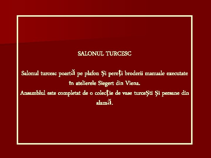 SALONUL TURCESC Salonul turcesc poartă pe plafon şi pereţi broderii manuale executate în atelierele