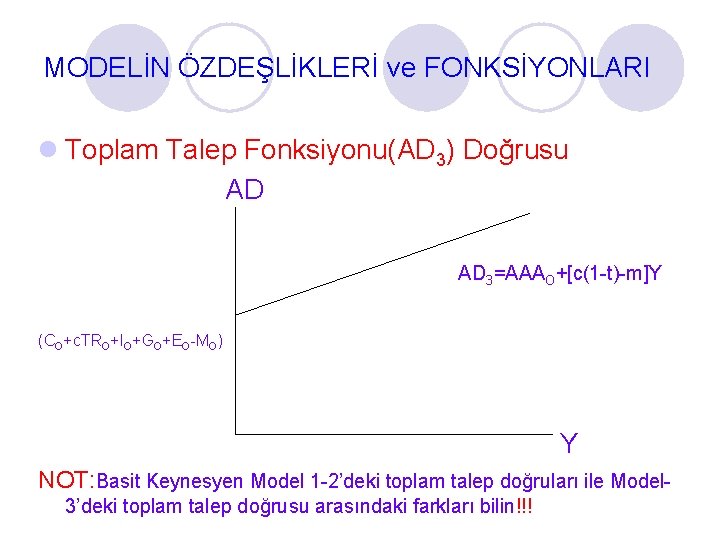 MODELİN ÖZDEŞLİKLERİ ve FONKSİYONLARI l Toplam Talep Fonksiyonu(AD 3) Doğrusu AD AD 3=AAAO+[c(1 -t)-m]Y
