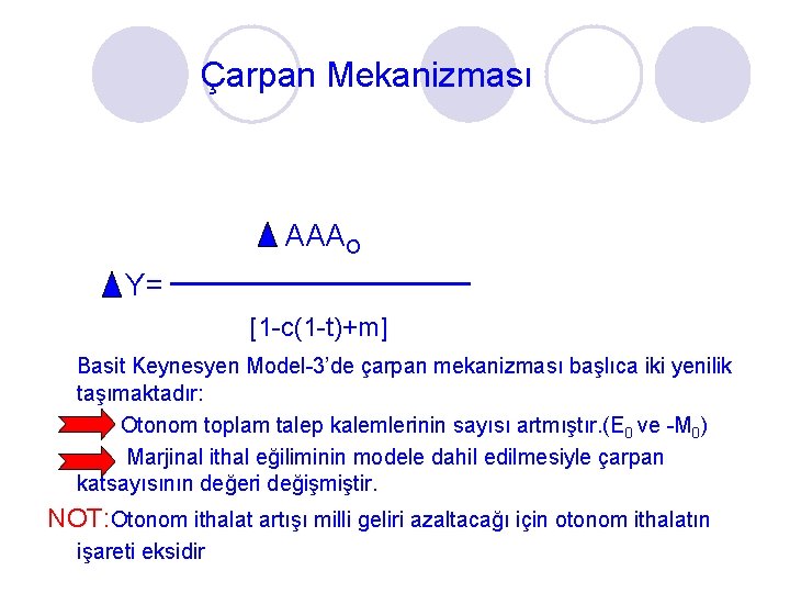 Çarpan Mekanizması AAAO Y= [1 -c(1 -t)+m] Basit Keynesyen Model-3’de çarpan mekanizması başlıca iki