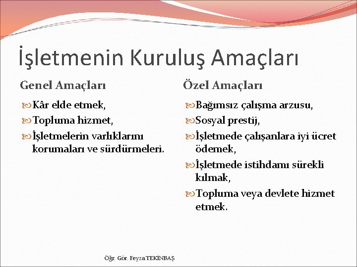 İşletmenin Kuruluş Amaçları Genel Amaçları Özel Amaçları Kâr elde etmek, Topluma hizmet, İşletmelerin varlıklarını