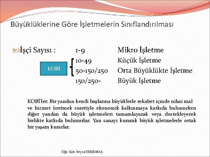 Büyüklüklerine Göre İşletmelerin Sınıflandırılması İşçi Sayısı : KOBİ 1 -9 Mikro İşletme 10 -49