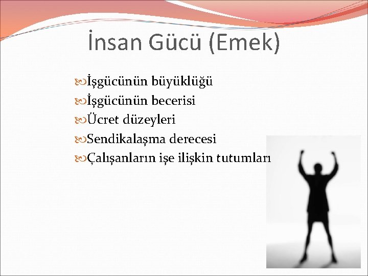 İnsan Gücü (Emek) İşgücünün büyüklüğü İşgücünün becerisi Ücret düzeyleri Sendikalaşma derecesi Çalışanların işe ilişkin