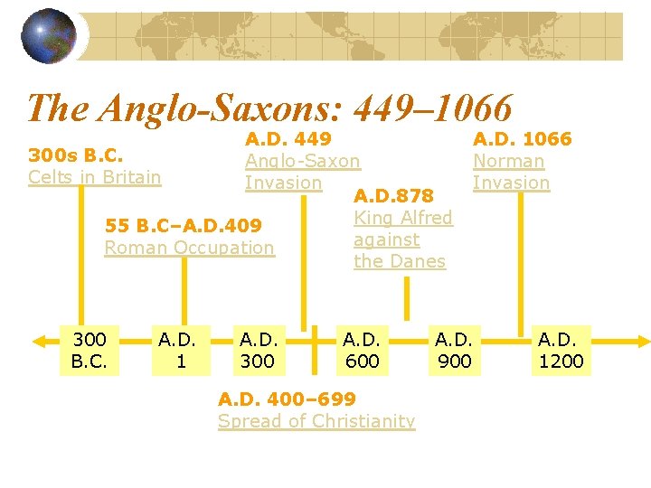 The Anglo-Saxons: 449– 1066 A. D. 449 300 s B. C. Anglo-Saxon Celts in