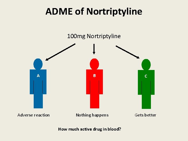 ADME of Nortriptyline 100 mg Nortriptyline A Adverse reaction B Nothing happens How much