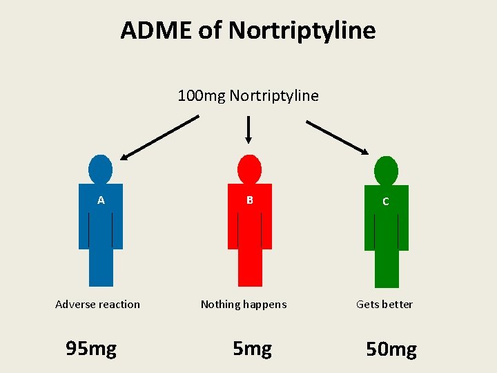 ADME of Nortriptyline 100 mg Nortriptyline A Adverse reaction 95 mg B Nothing happens