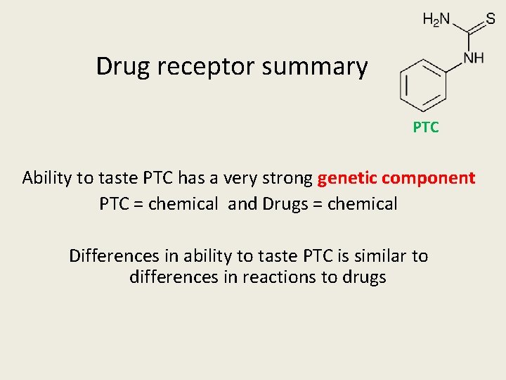 Drug receptor summary PTC Ability to taste PTC has a very strong genetic component