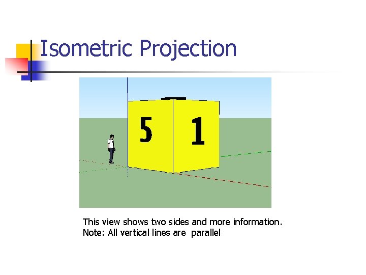 Isometric Projection This view shows two sides and more information. Note: All vertical lines