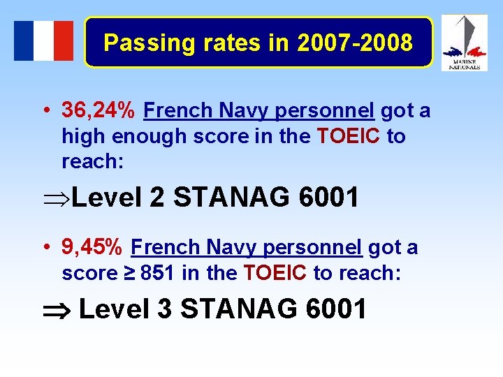 Passing rates in 2007 -2008 • 36, 24% French Navy personnel got a high