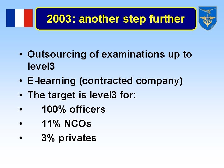 2003: another step further • Outsourcing of examinations up to level 3 • E-learning