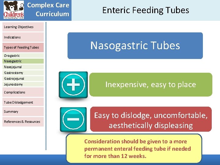 Complex Care Curriculum Enteric Feeding Tubes Learning Objectives Indications Types of Feeding Tubes Nasogastric