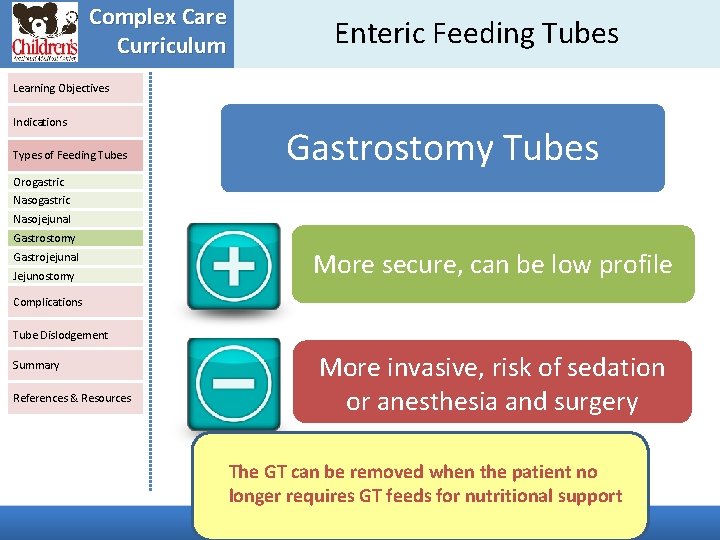 Complex Care Curriculum Enteric Feeding Tubes Learning Objectives Indications Types of Feeding Tubes Gastrostomy