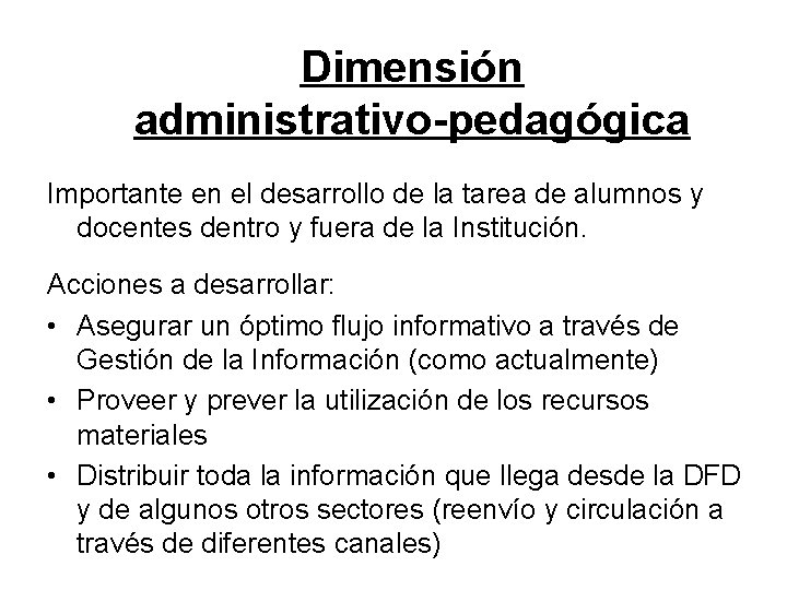 Dimensión administrativo-pedagógica Importante en el desarrollo de la tarea de alumnos y docentes dentro Dimensión administrativo-pedagógica Importante en el desarrollo de la tarea de alumnos y docentes dentro