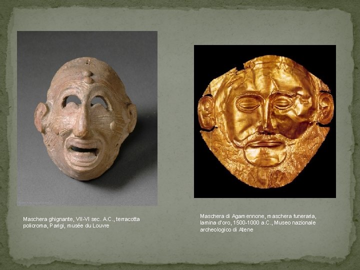 Maschera ghignante, VII-VI sec. A. C. , terracotta policroma, Parigi, musée du Louvre Maschera