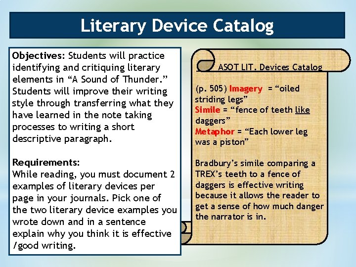 Literary Device Catalog Objectives: Students will practice identifying and critiquing literary elements in “A Literary Device Catalog Objectives: Students will practice identifying and critiquing literary elements in “A