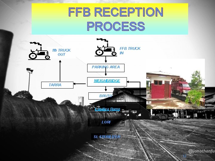 FFB RECEPTION PROCESS FFB TRUCK IN ffb TRUCK OUT PARKING AREA WEIGHBRIDGE TARRA BRUTO