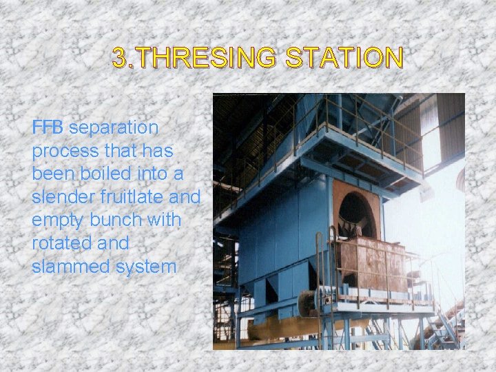 3. THRESING STATION FFB separation process that has been boiled into a slender fruitlate