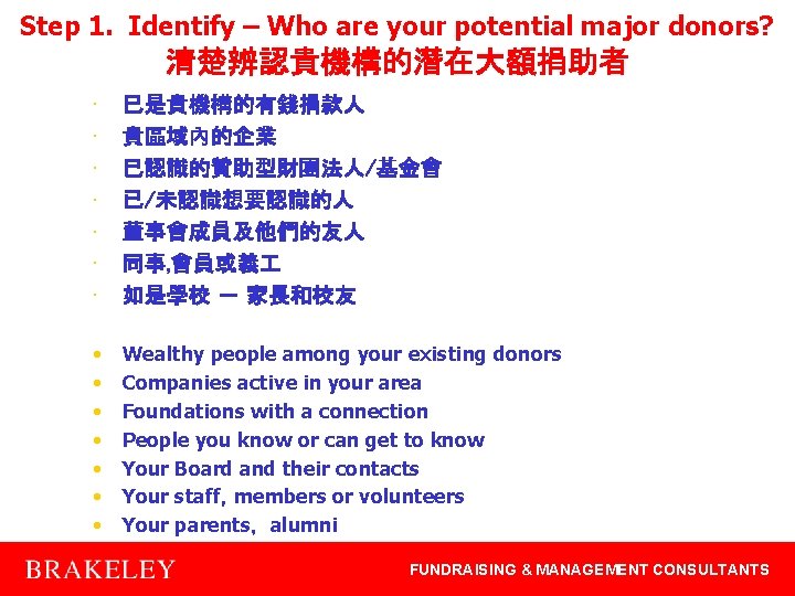 Step 1. Identify – Who are your potential major donors? 清楚辨認貴機構的潛在大額捐助者 • • 已是貴機構的有錢捐款人