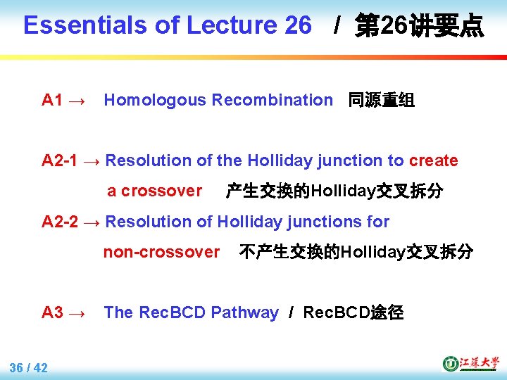 Essentials of Lecture 26 / 第 26讲要点 A 1 → Homologous Recombination 同源重组 A