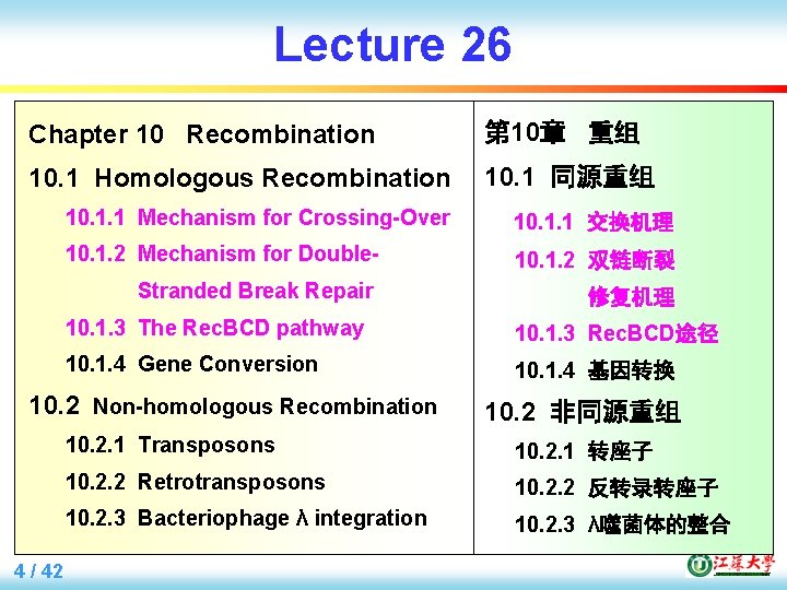 Lecture 26 Chapter 10 Recombination 第 10章 重组 10. 1 Homologous Recombination 10. 1