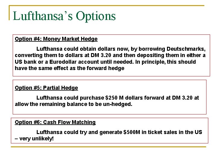 Lufthansa’s Option #4: Money Market Hedge Lufthansa could obtain dollars now, by borrowing Deutschmarks,