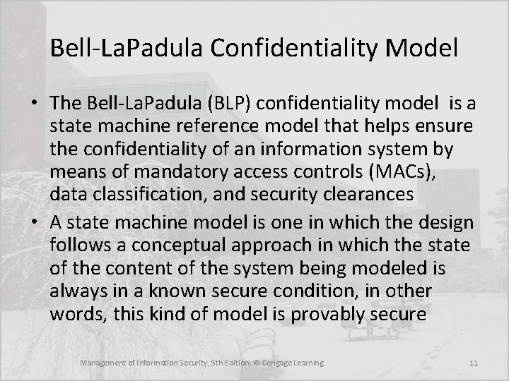 Bell-La. Padula Confidentiality Model • The Bell-La. Padula (BLP) confidentiality model is a state Bell-La. Padula Confidentiality Model • The Bell-La. Padula (BLP) confidentiality model is a state