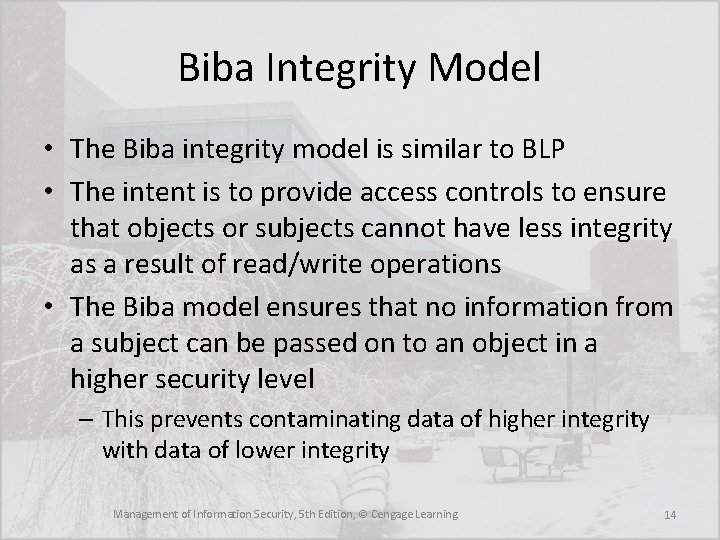 Biba Integrity Model • The Biba integrity model is similar to BLP • The Biba Integrity Model • The Biba integrity model is similar to BLP • The