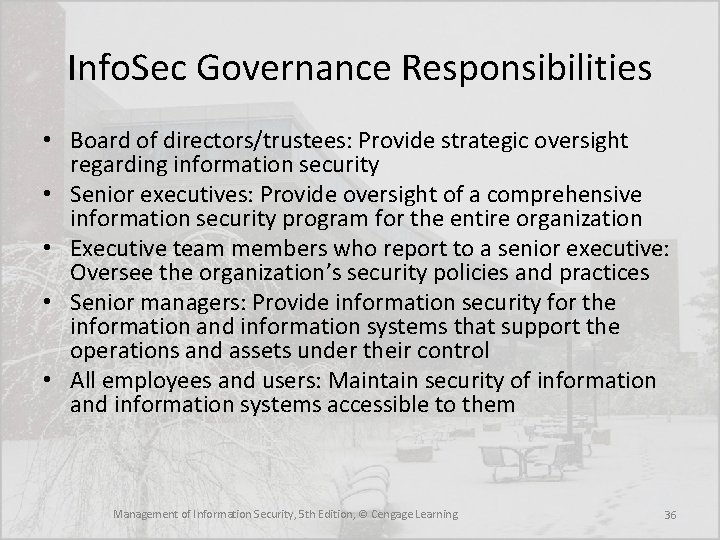 Info. Sec Governance Responsibilities • Board of directors/trustees: Provide strategic oversight regarding information security Info. Sec Governance Responsibilities • Board of directors/trustees: Provide strategic oversight regarding information security