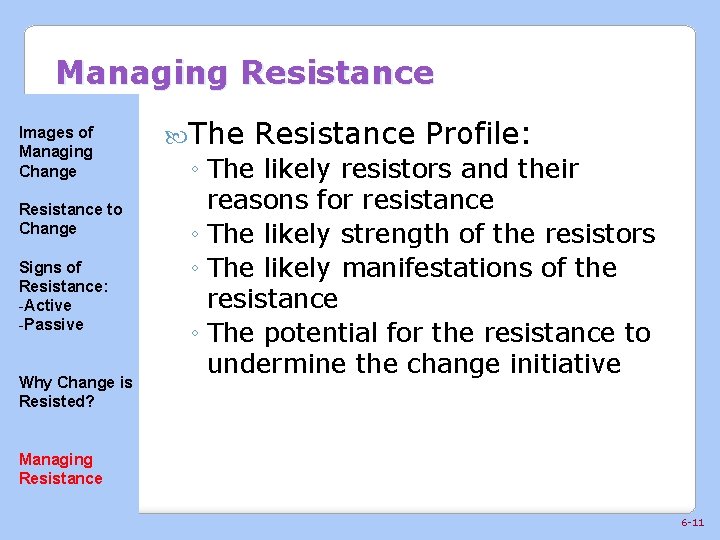Managing Resistance Images of Managing Change Resistance to Change Signs of Resistance: -Active -Passive