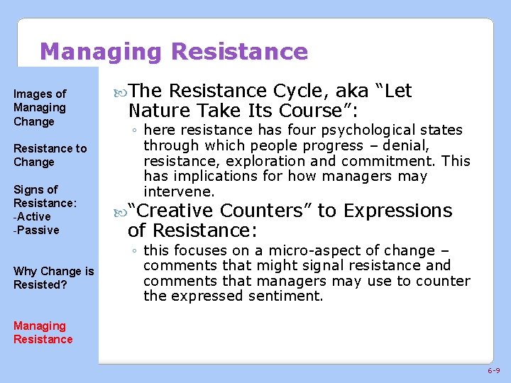 Managing Resistance Images of Managing Change Resistance to Change Signs of Resistance: -Active -Passive