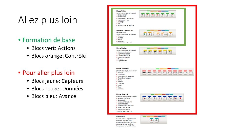 Allez plus loin • Formation de base • Blocs vert: Actions • Blocs orange: