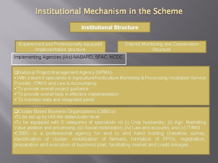 Institutional Mechanism in the Scheme Institutional Structure Experienced and Professionally equipped Implementation structure 3