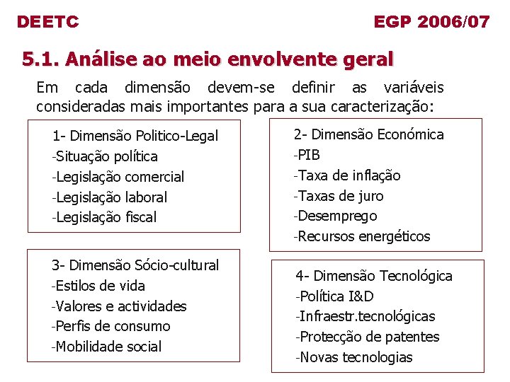DEETC EGP 2006/07 5. 1. Análise ao meio envolvente geral Em cada dimensão devem-se
