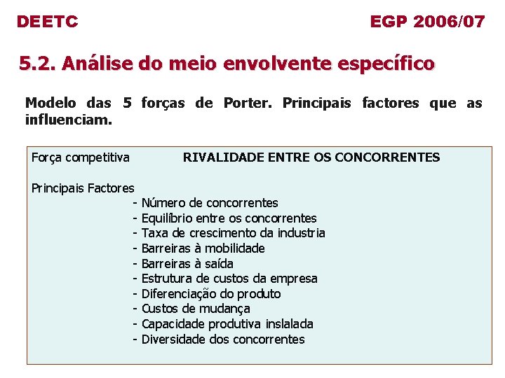 DEETC EGP 2006/07 5. 2. Análise do meio envolvente específico Modelo das 5 forças