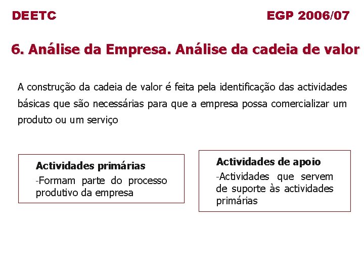 DEETC EGP 2006/07 6. Análise da Empresa. Análise da cadeia de valor A construção