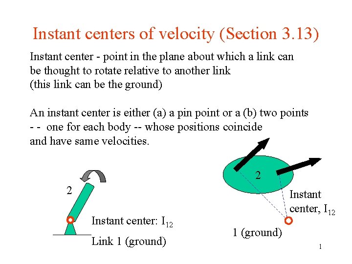 Instant centers of velocity (Section 3. 13) Instant center - point in the plane