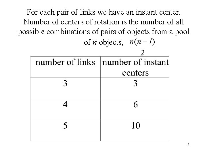 For each pair of links we have an instant center. Number of centers of