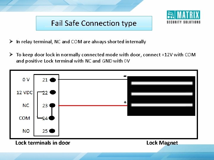 Fail Safe Connection type Ø In relay terminal, NC and COM are always shorted