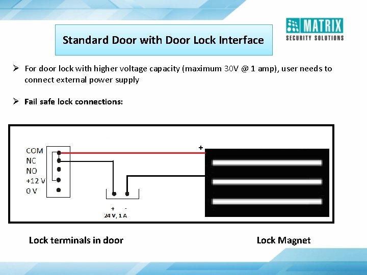 Standard Door with Door Lock Interface Ø For door lock with higher voltage capacity