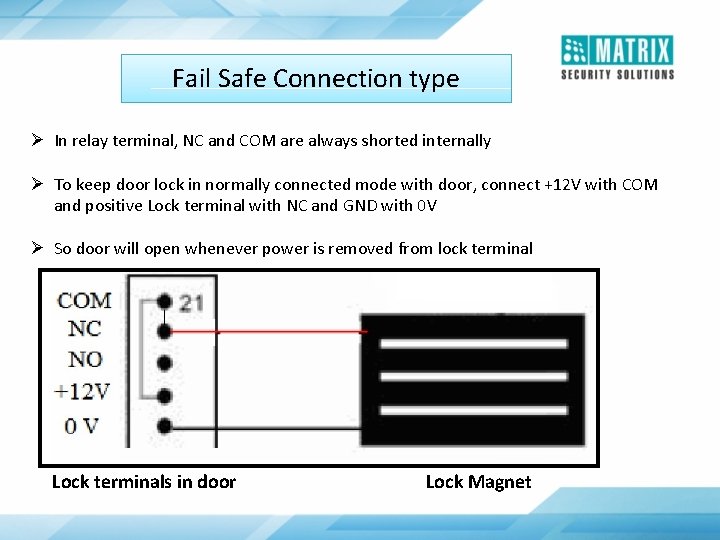 Fail Safe Connection type Ø In relay terminal, NC and COM are always shorted