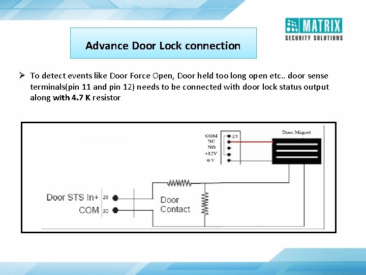 Advance Door Lock connection Ø To detect events like Door Force Open, Door held