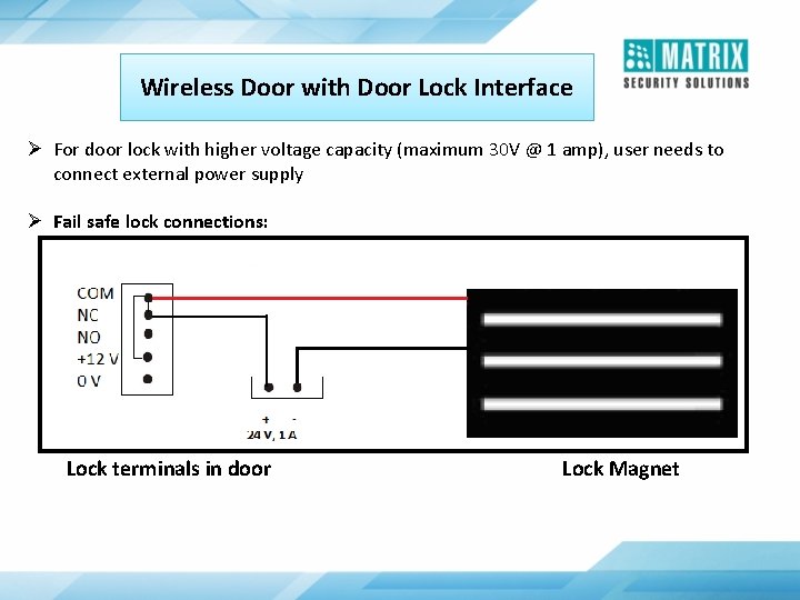 Wireless Door with Door Lock Interface Ø For door lock with higher voltage capacity