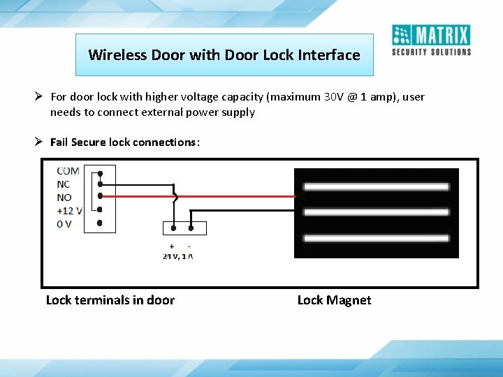 Wireless Door with Door Lock Interface Ø For door lock with higher voltage capacity Wireless Door with Door Lock Interface Ø For door lock with higher voltage capacity