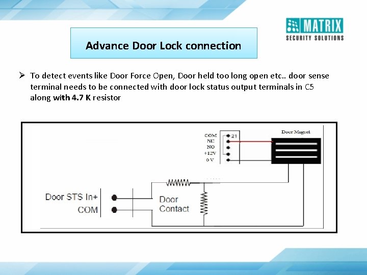 Advance Door Lock connection Ø To detect events like Door Force Open, Door held