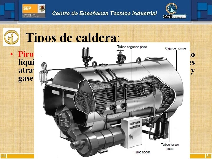 Tipos de caldera: • Pirotubulares: en este tipo el fluido en estado líquido se