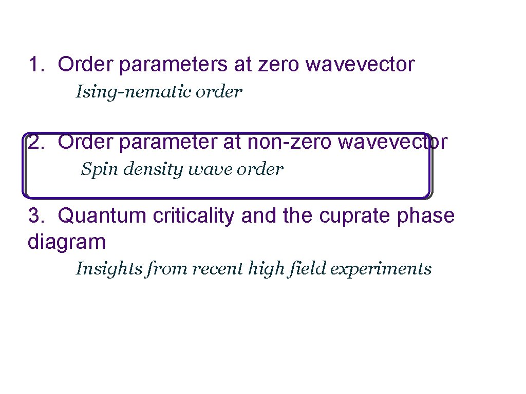 1. Order parameters at zero wavevector Ising-nematic order 2. Order parameter at non-zero wavevector