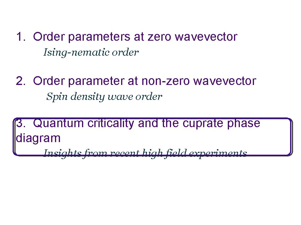 1. Order parameters at zero wavevector Ising-nematic order 2. Order parameter at non-zero wavevector