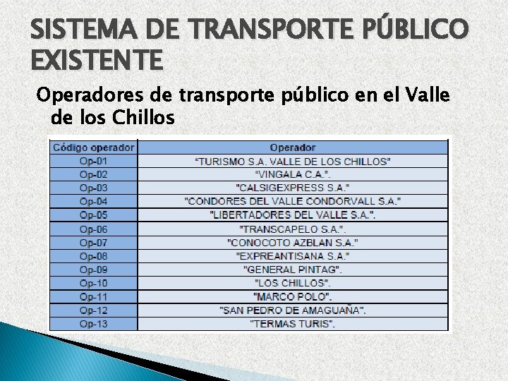 SISTEMA DE TRANSPORTE PÚBLICO EXISTENTE Operadores de transporte público en el Valle de los